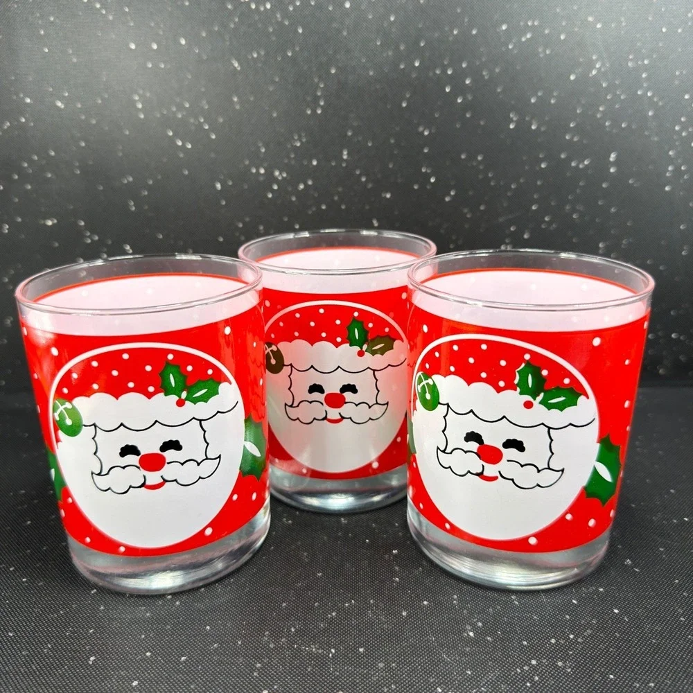 Tom Collins Santa Claus Christmas Drinking Glasses Red Polka Dot Holly Set of 3